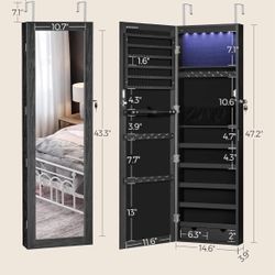 SONGMICS 6 LEDs Mirror Jewelry Cabinet Lockable Wall Door Mounted Armoire Organizer - Black