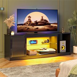 Bestier LED TV Stand for 55/60/65 Inch TV, Gaming Entertainment Center with Cabinet for PS5, Xbox, Fluted TV Console with Adjustable Glass Shelves for