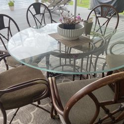Vintage Rattan Palm Tree Indoor/Outdoor Dining Room Set With 6 Chairs