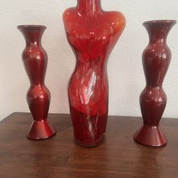 3 Art Glass Torso Vace And 2 Candle Holder 