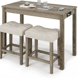 3-Piece Counter Height Bar Table Set with Socket and 2 Fabric Padded Bar Stools, Tall Kitchen Breakfast Dining Table Set with Stools (1+2 Natural)