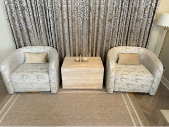 Two Luxury Designer Accent Swivel Chairs – Gold Base, Fibreguard Fabric, Like New