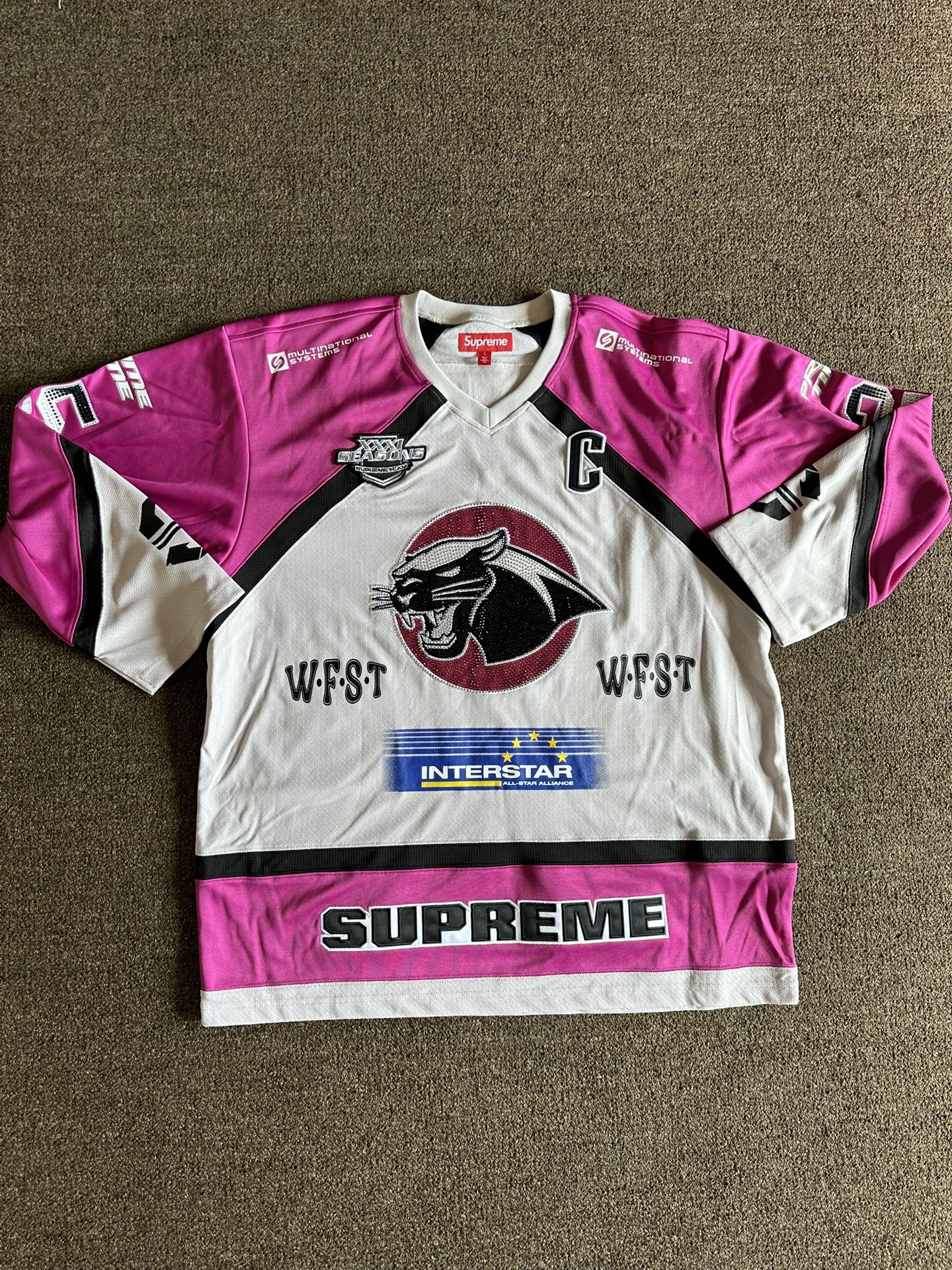 Size Large | Supreme Rhinestone Hockey Jersey Light Grey SS25 | IN HAND