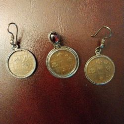 9 Elements Buddhist Pendant And Earrings W/garnet