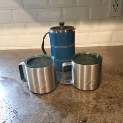 2 Ozark Trails Stainless Steel Mugs With Vaccumed Sealed Lids with gsi outdoors 30 FL. Ounce french press.