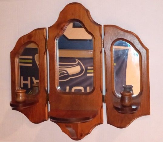 Triple Panel Wood Sconce Mirrored Candle Holder