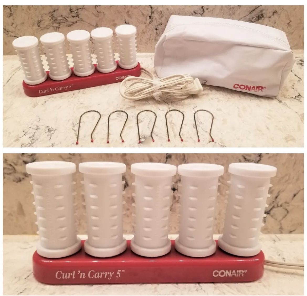 Brand new-dual Voltage-VTG CONAIR CURL N CARRY 3000A TRAVEL HOT ROLLERS 5 HAIR CURLERS CLIPS *RARE* RED