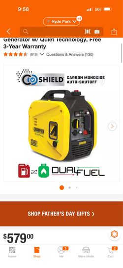 2500/1850-Watt Recoil Start Dual Fuel Gasoline and Propane Inverter Generator w/ Quiet Technology, Free 3-Year Warranty like new $499 firm