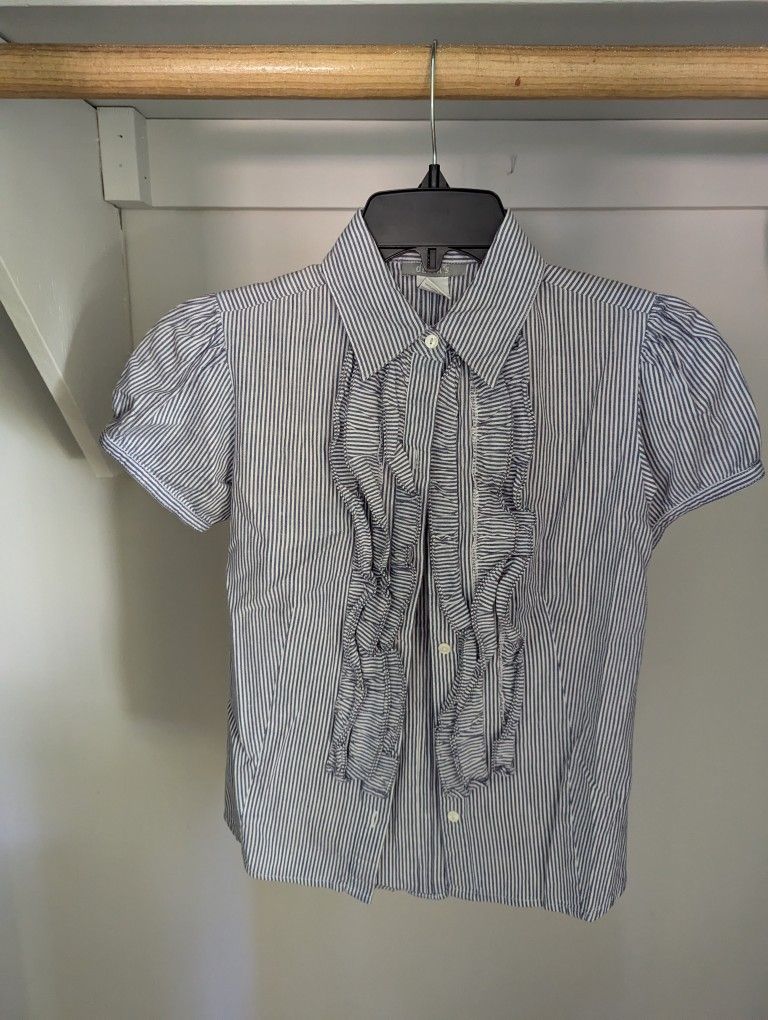 Women's Delia's Blue and White Striped Short Sleeve Button Down Shirt Size XS