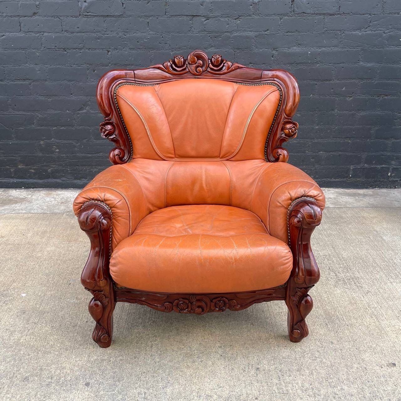 Vintage American Hand Carved & Cognac Leather Lounge Chair, c.1970’s