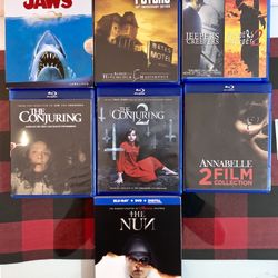 The Conjuring Series,  Jeepers Creepers 1 & 2, Jaws, Psycho Blu-rays