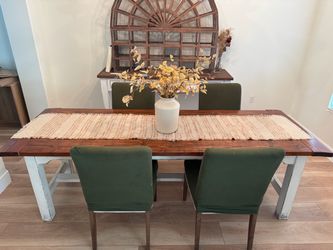Farmhouse Dining Table with 4 Green Chairs