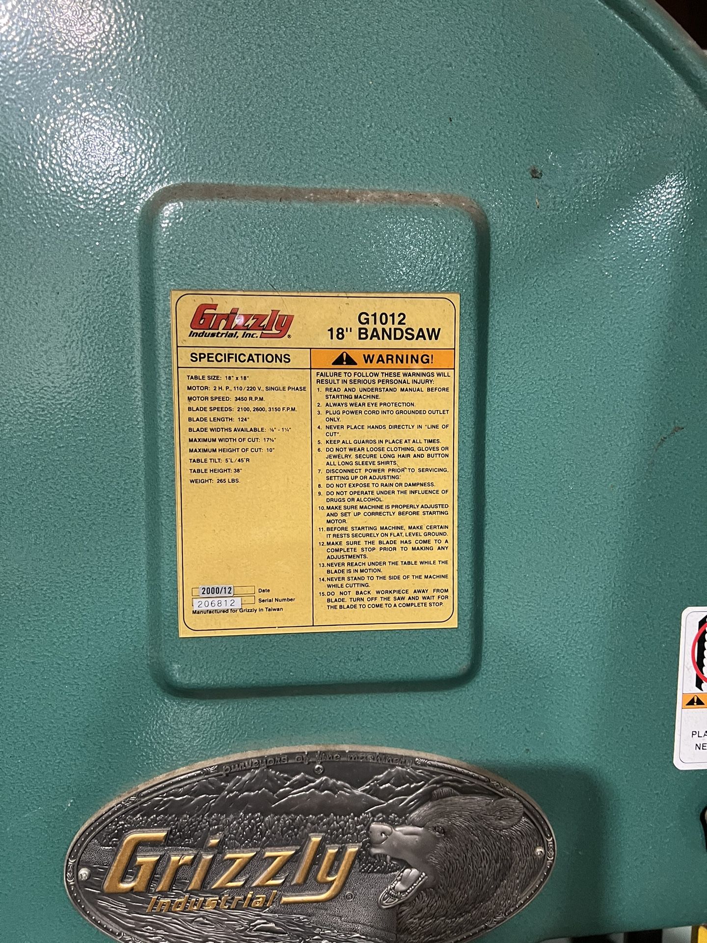 Grizzly G1012 18 BANDSAW for Sale in Centralia, WA OfferUp