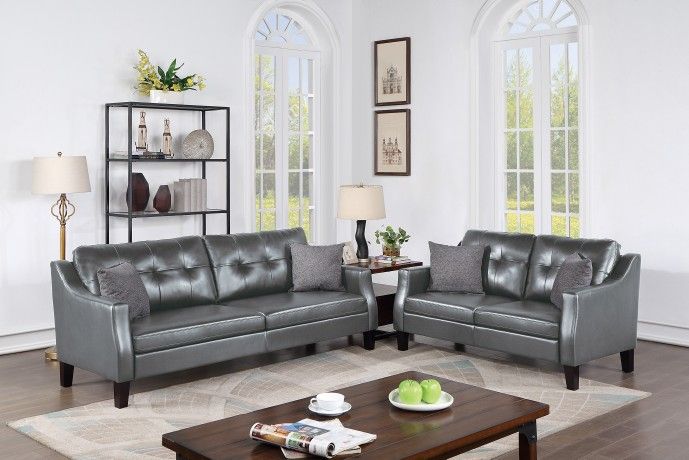 Brand New Grey Leather Modern Style Sofa & Loveseat
