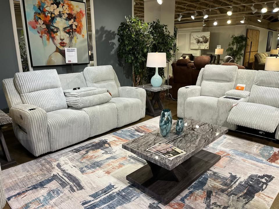 Grey corduroy Power Recliner sofa features LED lighting, wireless audio connectivity & much more