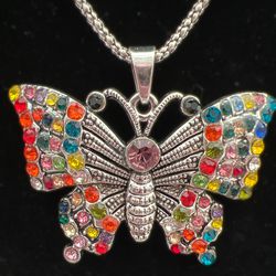 Rhinestone Butterfly Charm Pendant Silver Necklace 
