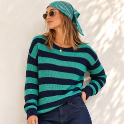 Vince Camuto Cotton Striped Back Button Sweater Teal Green Navy Knit Top L Retro