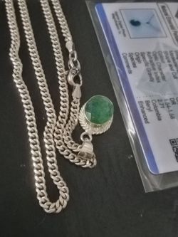 Chrome Hearts, Cuban Silver 925 Chain 24in Necklace, Columbian Emerald pend.