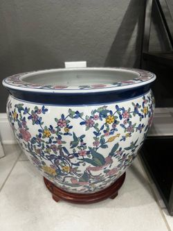 Large Vintage Chinese Porcelain Fishbowl Planter with Wood Stand