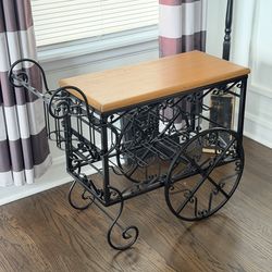 Farmhouse Vintage Wrought Iron Rolling Wine Cheese Bar Cart.