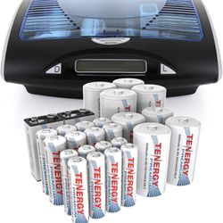 Tenergy T9688 LCD AA/AAA/C/D/9V NiMH/NiCd Battery Charger + Premium 26-Cell NiMH Rechargeable Battery 8AA/8AAA/4C/4D/2 9V Batteries