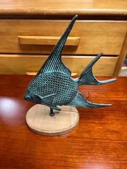 Bronze Patina Angelfish Sculpture on Wood Base