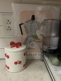 Cherry Jar / Canister And Local Artist “coffee time” Painting 
