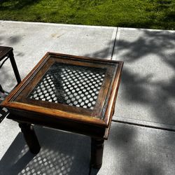 Wood And Metal Table, With Glass Insert