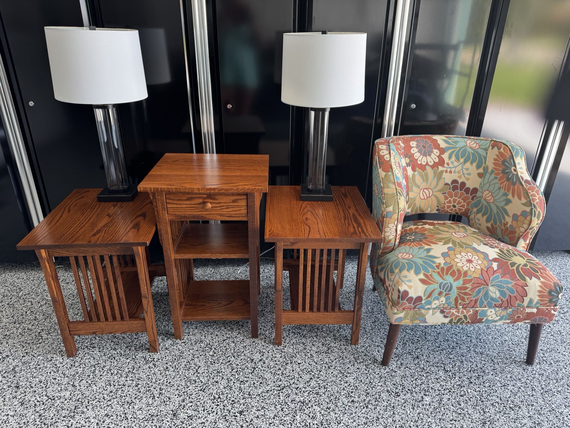 Amish made, Solid Oak End Tables And Lamps.