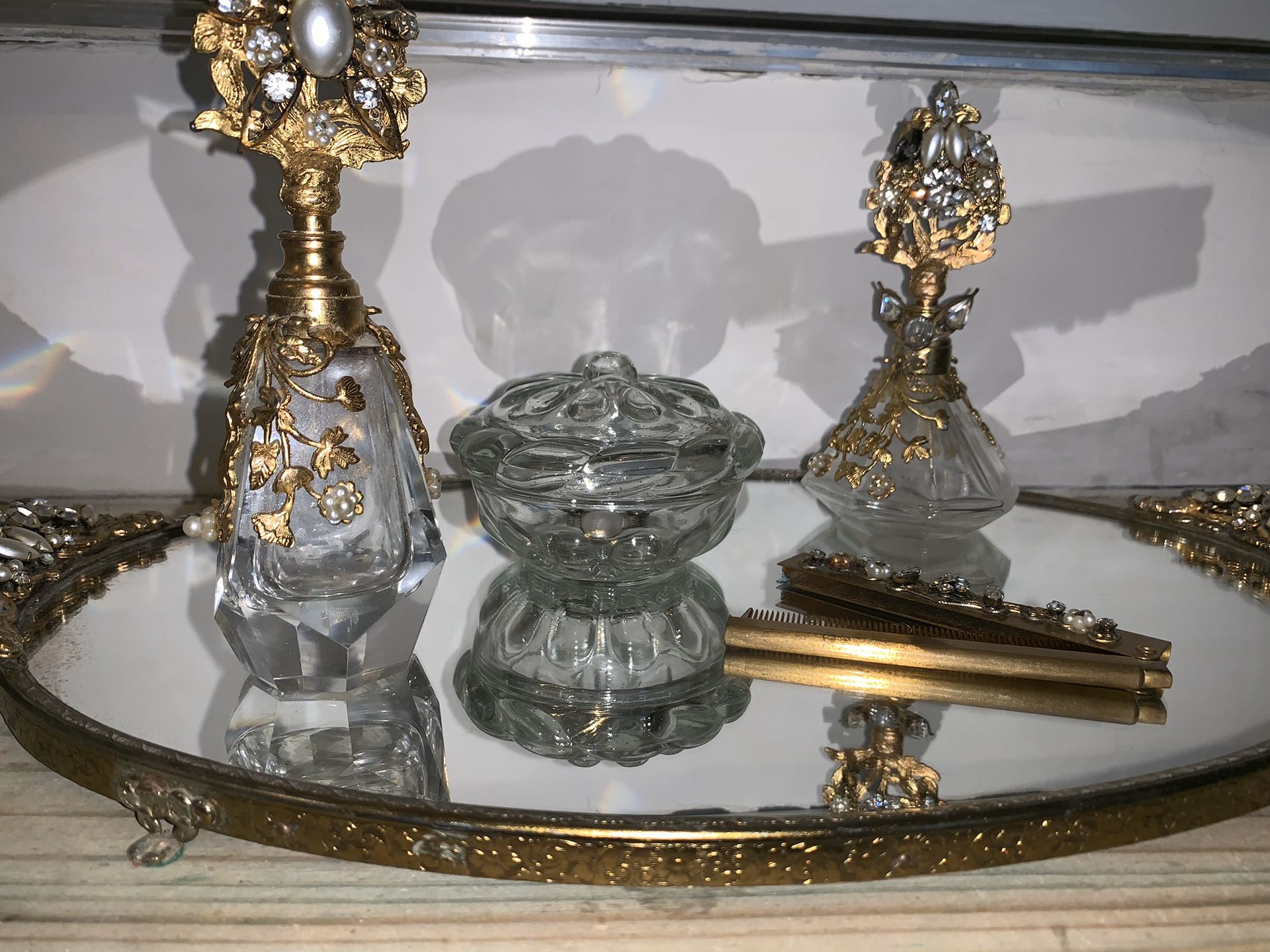 Antique Vintage Art Deco Ormulu Filigree Vanity Dresser Set Tray Perfume Bottles Casket