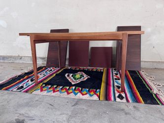 1960s MCM Danish teak midcentury dining table w/leaves, covers and rug.