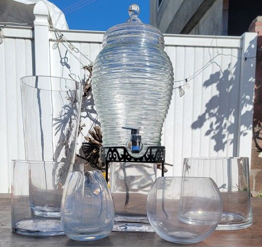 Glass Liquid Dispenser And Glass Vases/bowl Bundle