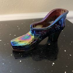Antique Moser Carnival Glass Bow Slipper Lights Up Under Black Light 