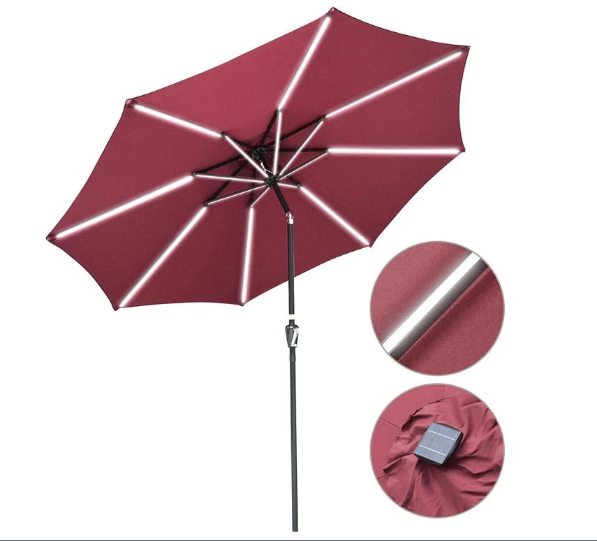 Solar Patio Umbrella w/ Lights Tilt Parasol Umbrella 9 ft 8-Rib - Paraguas - Sun Protection - Independence Day Sale