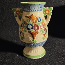 Vintage 1950s Japanese Majolica Hand Painted Porcelain Vase 5-3/4" Rare Lime Rim