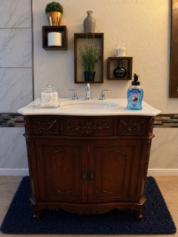 33” Vanity Sink w/ Natural White Marble Top, Faucet & Hoses, Bevel Edge Design