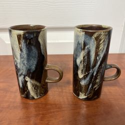 Caffe D”vita Set Of Two Espresso Mugs Brown, Beige, And Blue Glaze Art Pottery Ceramic