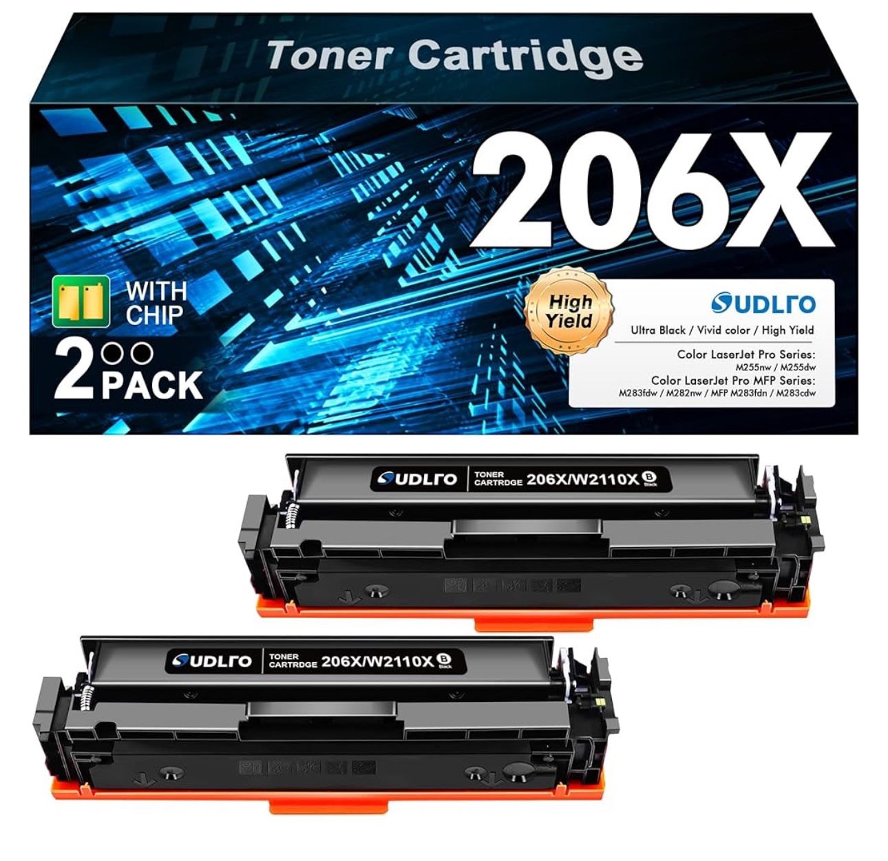 206X Black Toner Cartridges-2 Black (with Chip) Replacement for HP 206X 206A Black Toner Cartridge Compatible with HP Color Laserjet Pro MFP M283fdw M