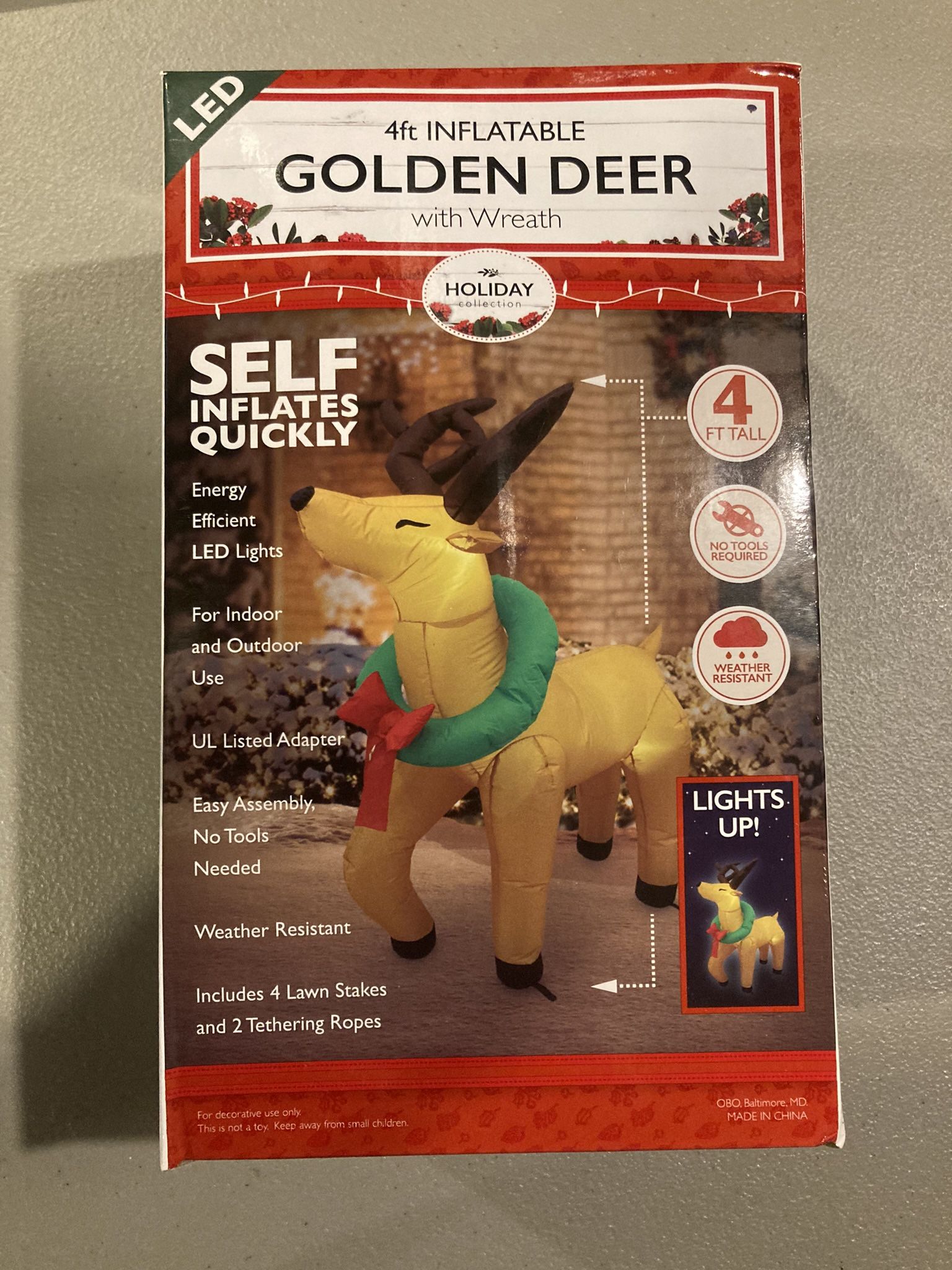 NEW Inflatable Golden Deer Wreath Antlers 4FT Light Up Outdoor Indoor Holiday