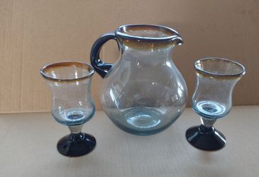 Handblown Glass Pitcher w/ 2 Handblown Glasses