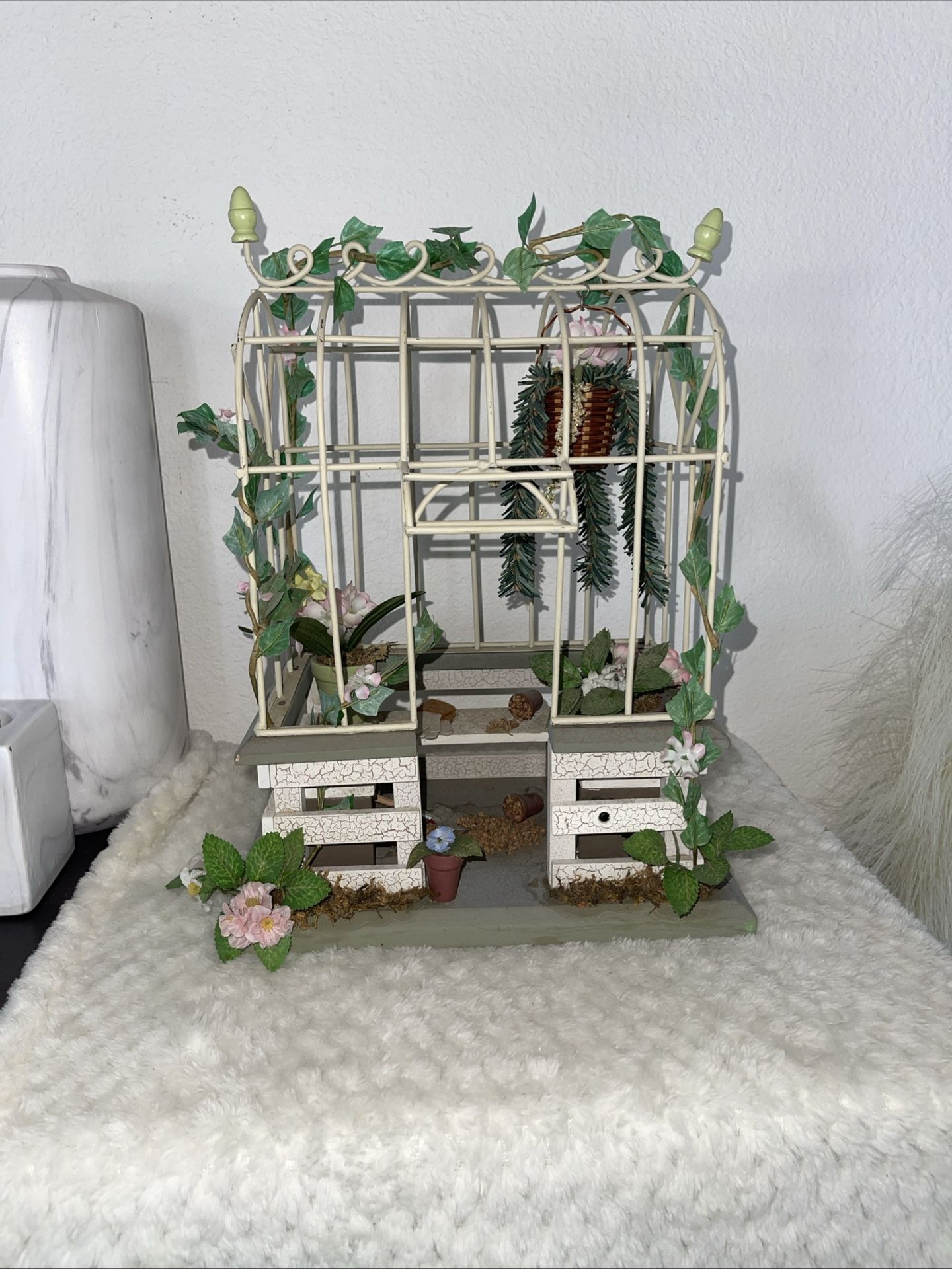 Vintage-Style Decorative Birdcage with Faux Greenery