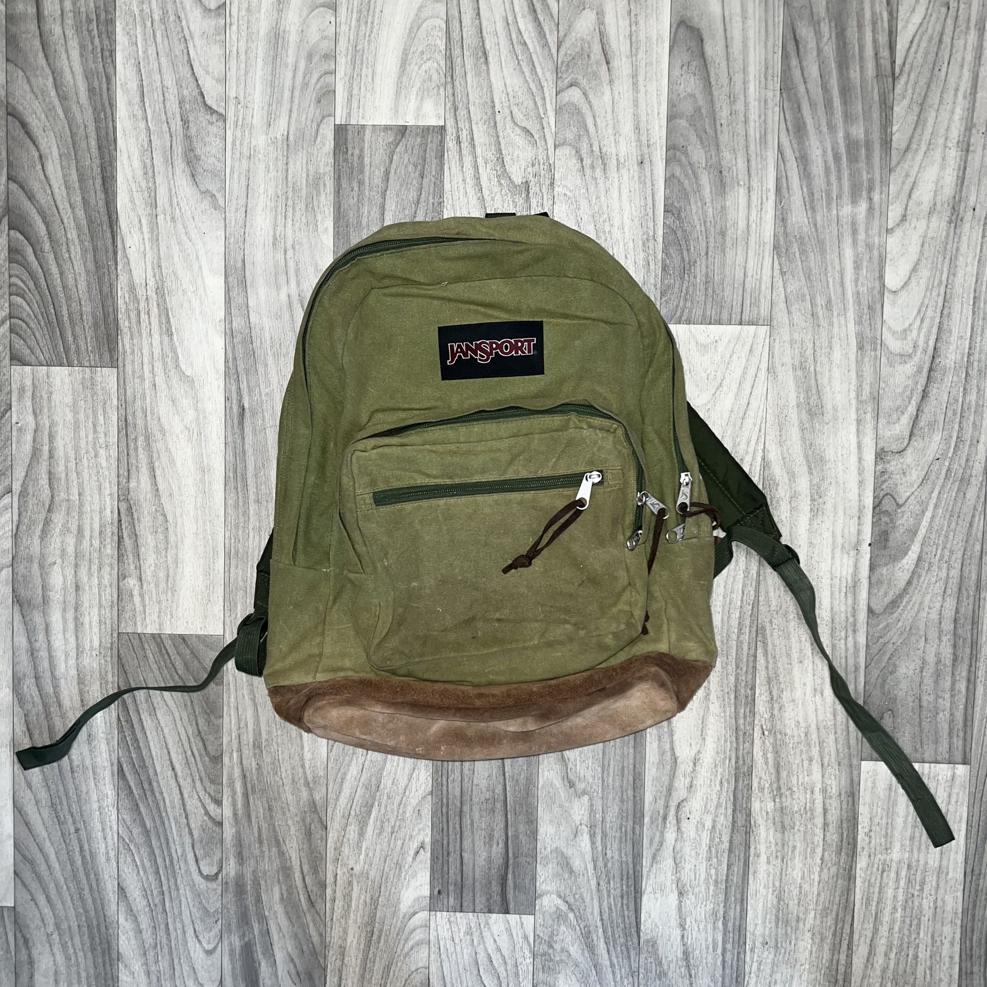 Jansport Right Pack Backpack Moss Green/Brown Canvas Leather 