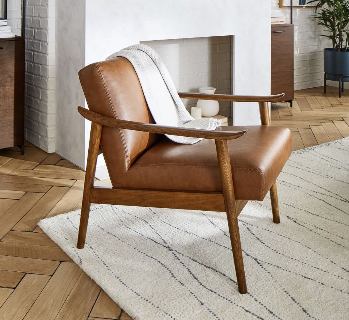 West Elm Mid-Century Leather Show Wood Chair Saddle Espresso