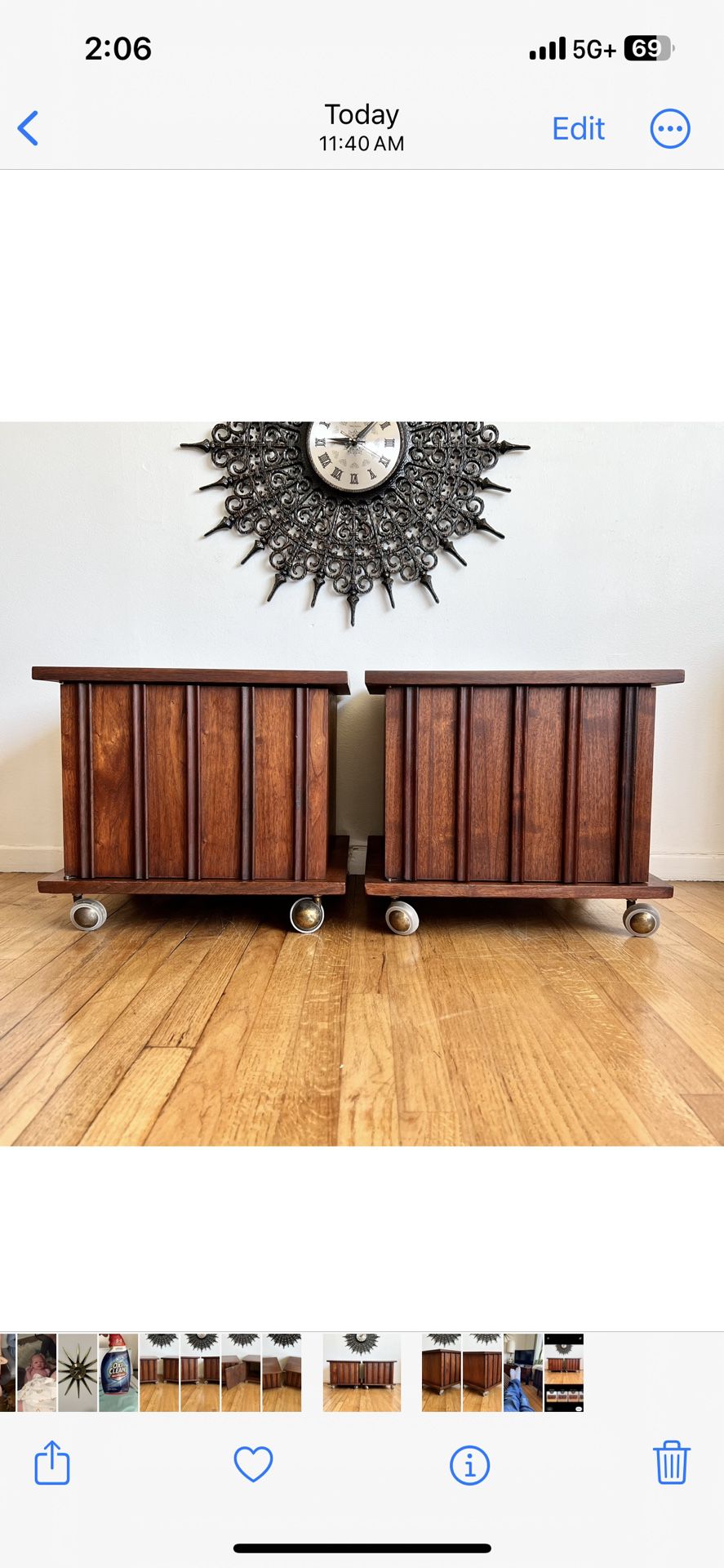 Mid Century Modern Rolling Walnut Side Table Cabinets