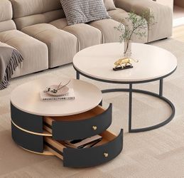 28 Inch Modern Coffee Table with Metal Frame and Drawer Set of 2