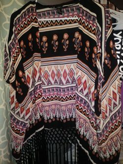 forever 21 Tribal Fringe Polyester Shawl Cardigan