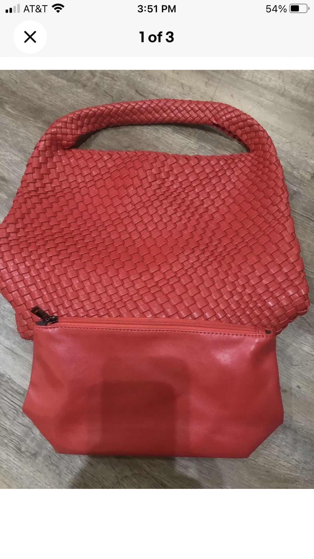 Red Leather Braided Woven Handbag Tote Mesh