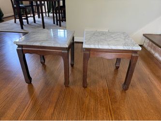 Set of two vintage, small, square, marble-topped end tables