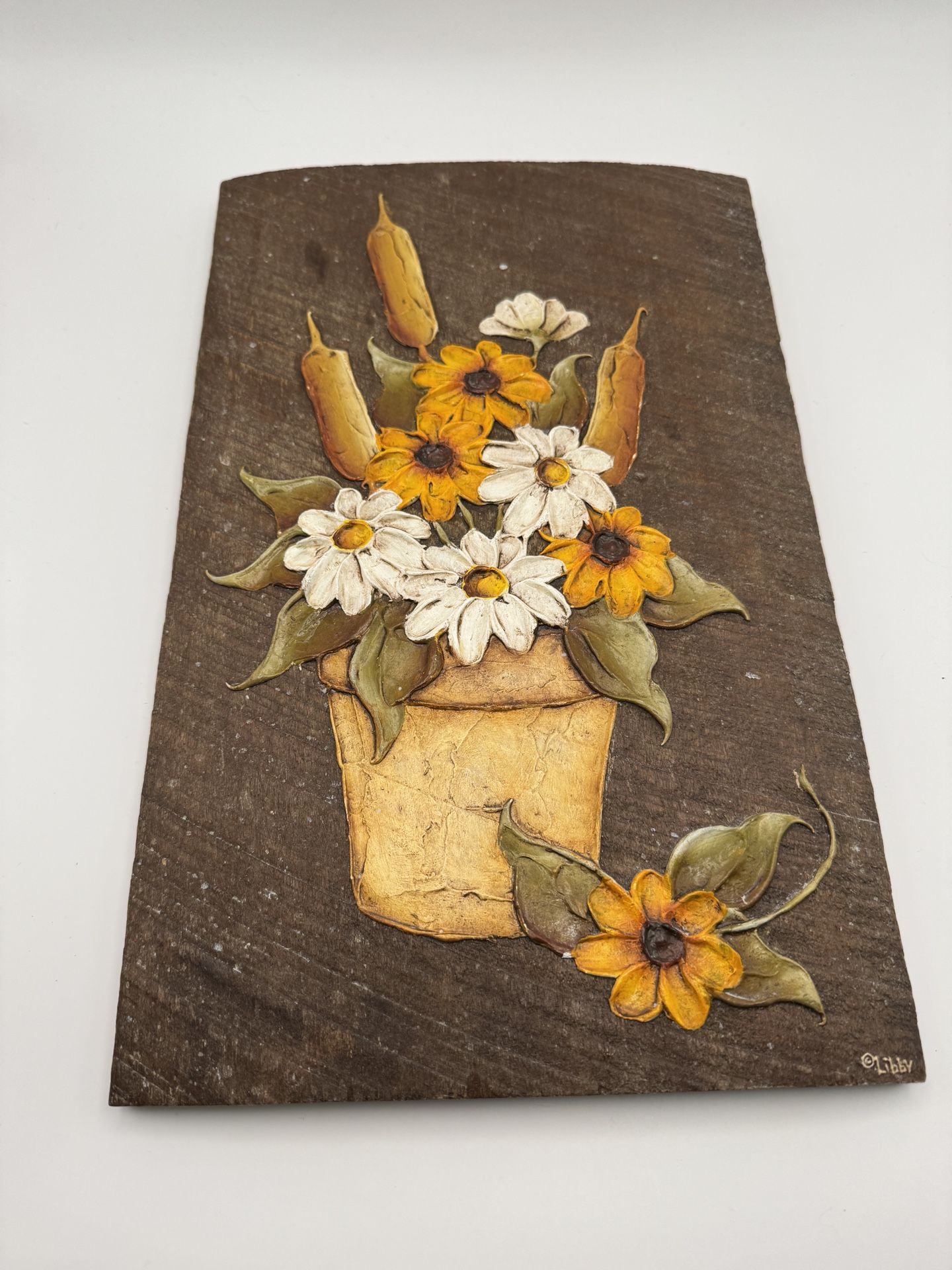 Vintage Libby Hand Painted Floral Wall Art on Wood - 13.5” x 8”