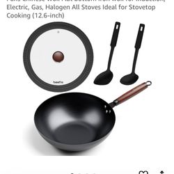 Steel Wok Pan, 11.8-inch/12.6-inch/13.4-inch Stir Fry Pans Chinese Wok Flat bottom Iron wok for Induction, Electric, Gas, Halogen All Stoves Ideal for